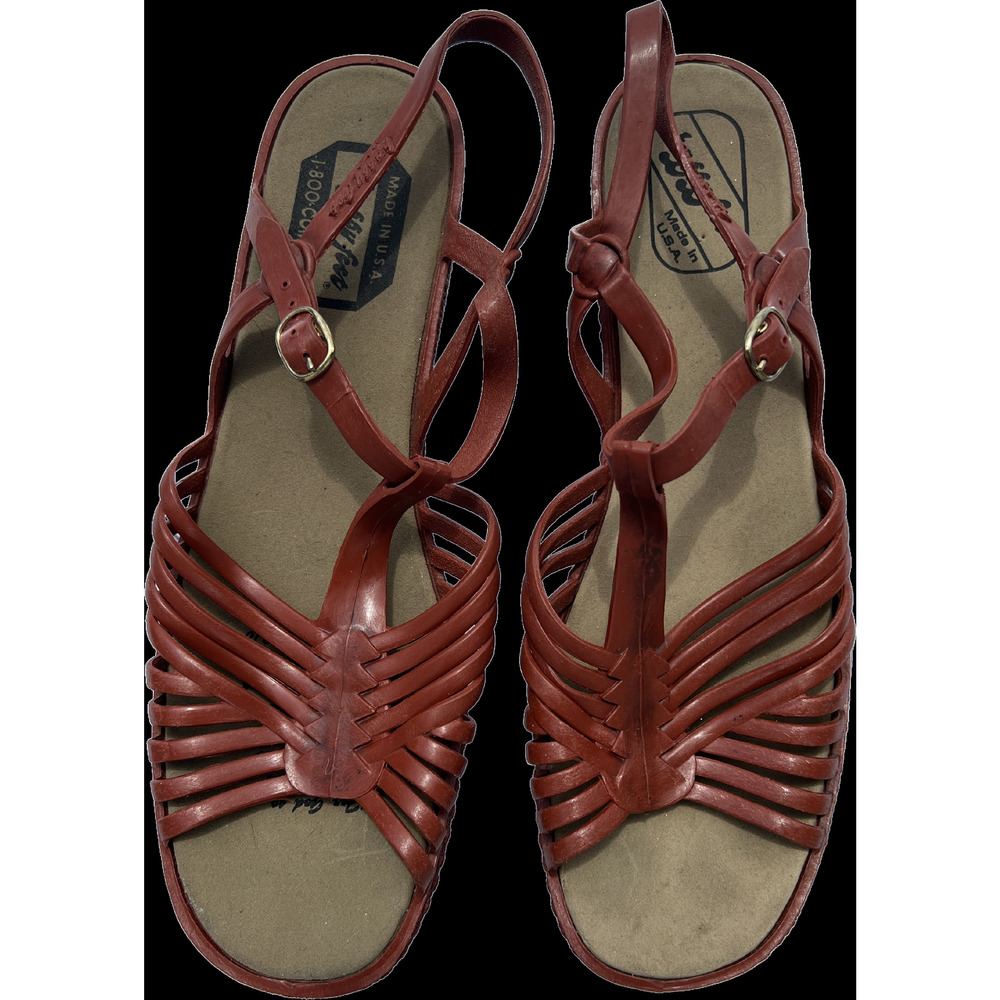 70s Red Brown Low Wedge Heel Sandals